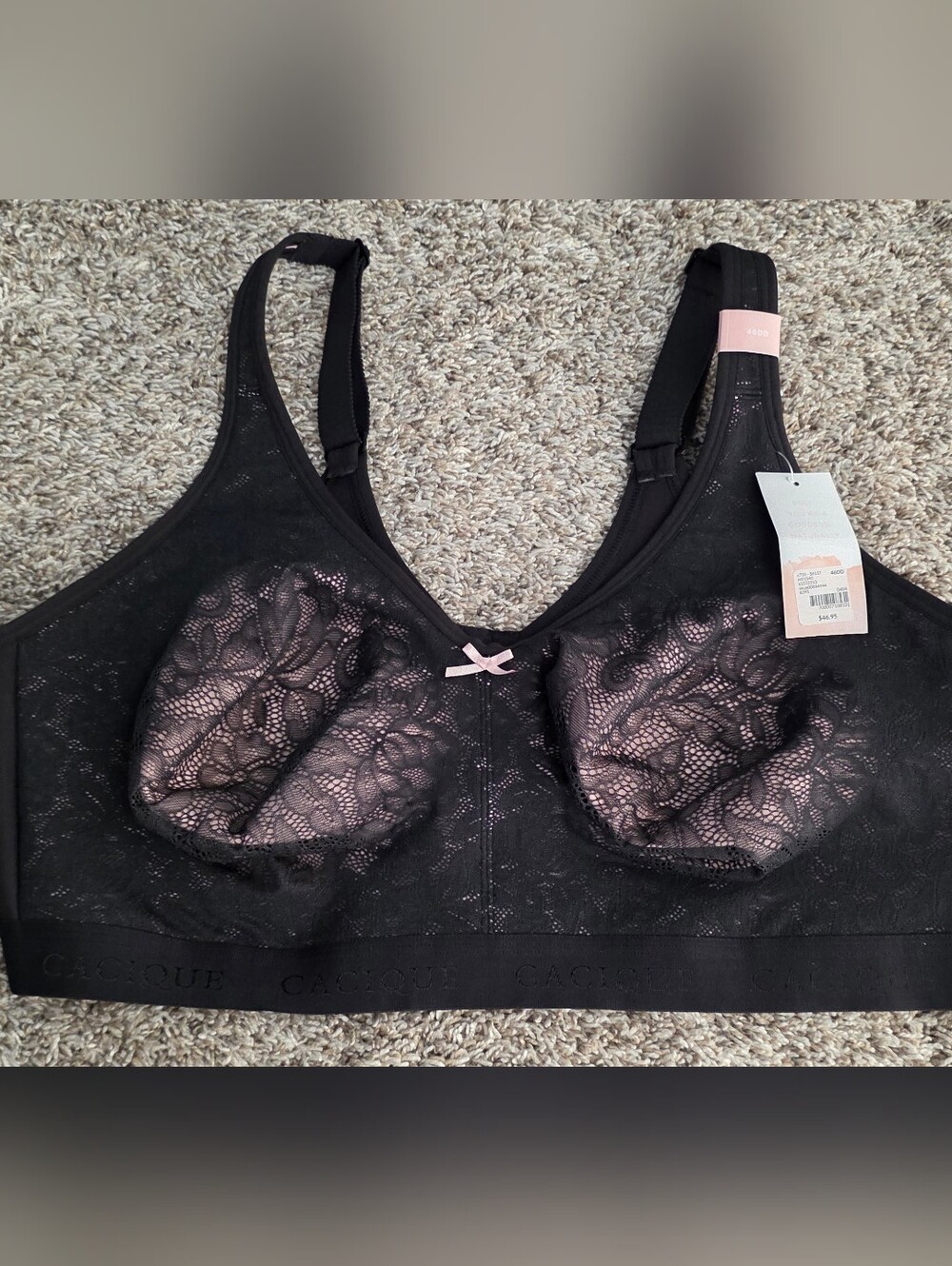 NWT Cacique Lane Bryant Black Pink Lace Unlined No-Wire Lounge Bra Size 46DD